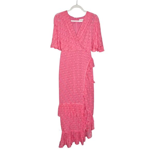 Saloni Jacquard Polka Dot Rose Ruffle Midi Dress Watermelon Pink Size 0 Silk New - Picture 2 of 12